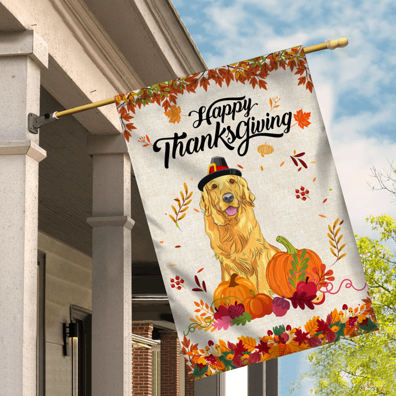 Happy Thanksgiving Funny Golden Retriever Flag Fall Pumpkin Farmhouse Autumn Thanksgiving House Flag mockup 2 800x.jpg