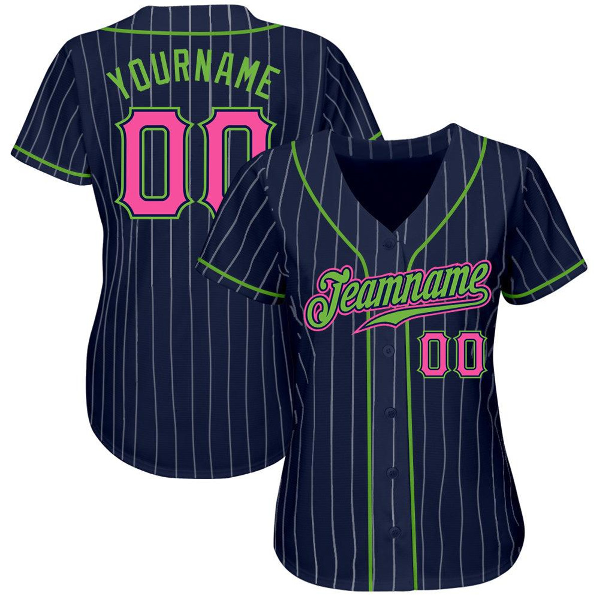 custom navy white pinstripe pink neon green authentic baseball jersey wfarowr2.jpg