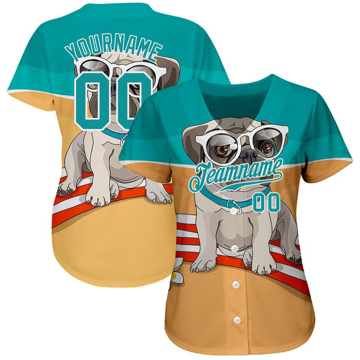 custom old gold teal white 3d pattern design puppy pug authentic baseball jersey mvqw03tt.jpg