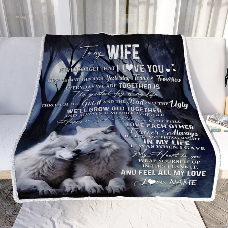 Personalized To My Wife Blankets From Husband Wolf Never Forget That I Love You Wife Birthday Wedding Anniversary Christmas Customized Fleece Blanket Blanket mockup 2 800x.jpg
