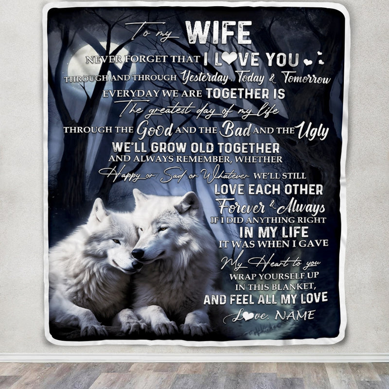 Personalized To My Wife Blankets From Husband Wolf Never Forget That I Love You Wife Birthday Wedding Anniversary Christmas Customized Fleece Blanket Blanket mockup 3 800x.jpg