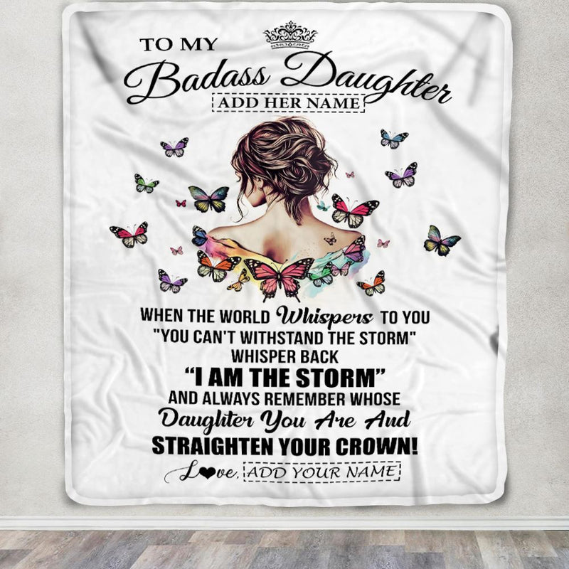 Personalized To My Badass Daughter I Am The Storm Blanket From Dad Mom Father Beautiful Daughter Birthday Gifts Graduation Christmas Adults Fleece Blanket Blanket mockup 3 800x.jpg