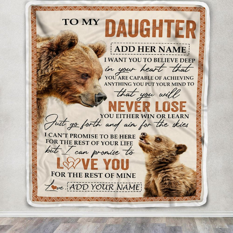 Personalized To My Daughter Blanket From Mom Dad Mother You Will Never Lose Bear Daughter Birthday Gifts Graduation Christmas Customized Fleece Throw Blanket Blanket mockup 3 800x.jpg