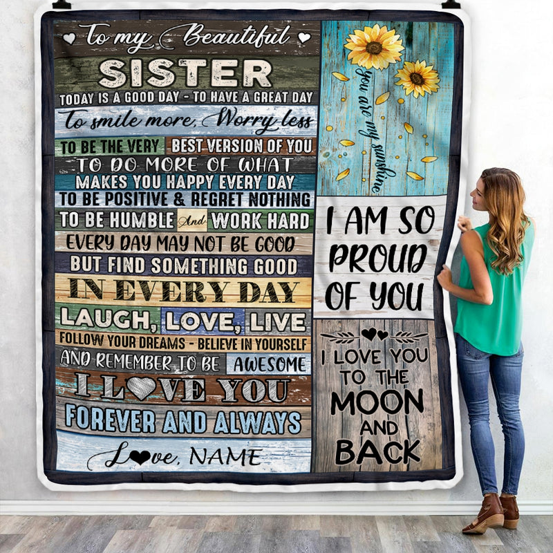 Personalized To My Beautiful Sister Blanket From Sister Brother Today Is A Good Day To Have A Great Day Wood Birthday Christmas Customized Fleece Blanket Blanket mockup 3 800x.jpg