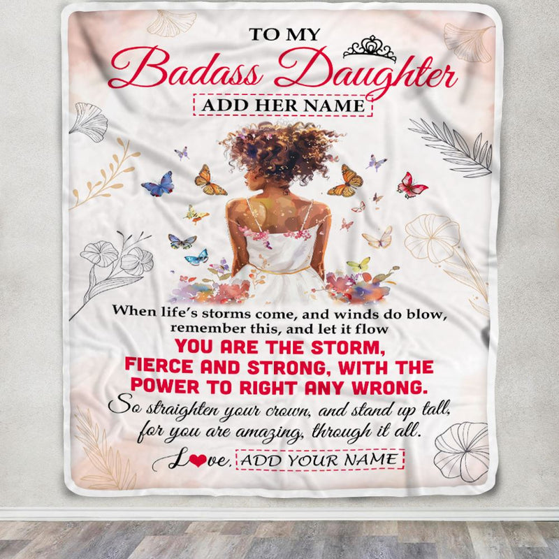 Personalized To My Badass Daughter Blanket From Dad Father Mom Floral Butterfly African Afro Girl Daughter Birthday Gifts Graduation Christmas Fleece Blanket Blanket mockup 3 800x.jpg