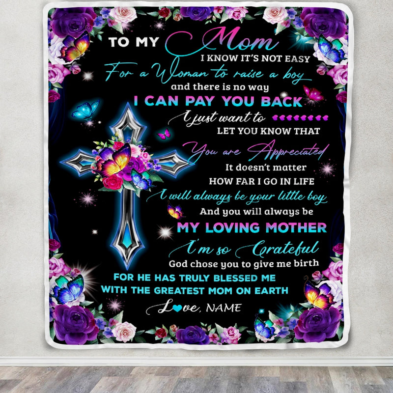 Personalized To My Mom Blanket From Son Letter Love You Cross Christian Mom Birthday Mothers Day Thanksgiving Christmas Customized Fleece Blanket Blanket mockup 3 800x.jpg