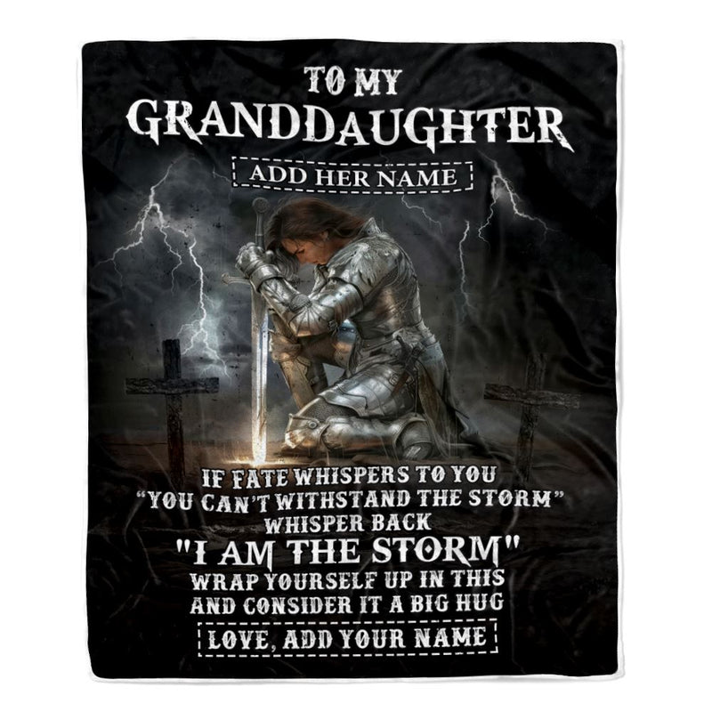Personalized To My Granddaughter Blanket Women Warrior Knights Templar I Am The Storm Best Granddaughter Birthday Gifts Christmas Customized Fleece Blanket Blanket mockup 1 800x.jpg
