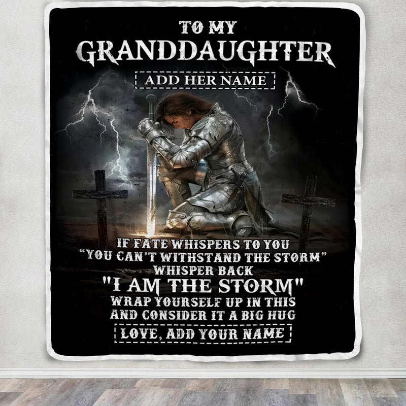 Personalized To My Granddaughter Blanket Women Warrior Knights Templar I Am The Storm Best Granddaughter Birthday Gifts Christmas Customized Fleece Blanket Blanket mockup 3 800x.jpg