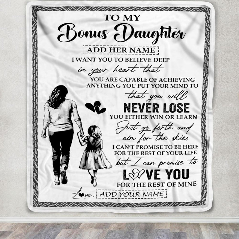 Personalized To My Bonus Daughter Blanket You Will Never Lose From Stepmother Stepdaughter Birthday Gifts Graduation Christmas Customized Fleece Blanket Blanket mockup 3 800x.jpg