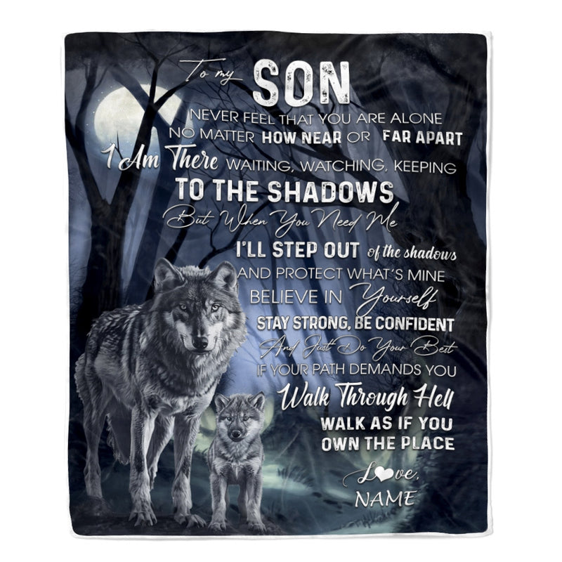 Personalized To My Son from Mom Blanket Never Feel You Are Alone Wolf Moon Night Dark Forest Family Love Son Birthday Christmas Customized Fleece Blanket Blanket mockup 1 800x.jpg