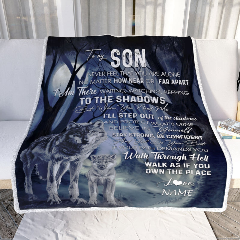 Personalized To My Son from Mom Blanket Never Feel You Are Alone Wolf Moon Night Dark Forest Family Love Son Birthday Christmas Customized Fleece Blanket Blanket mockup 2 800x.jpg
