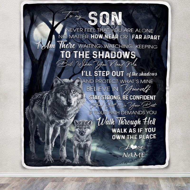 Personalized To My Son from Mom Blanket Never Feel You Are Alone Wolf Moon Night Dark Forest Family Love Son Birthday Christmas Customized Fleece Blanket Blanket mockup 3 800x.jpg