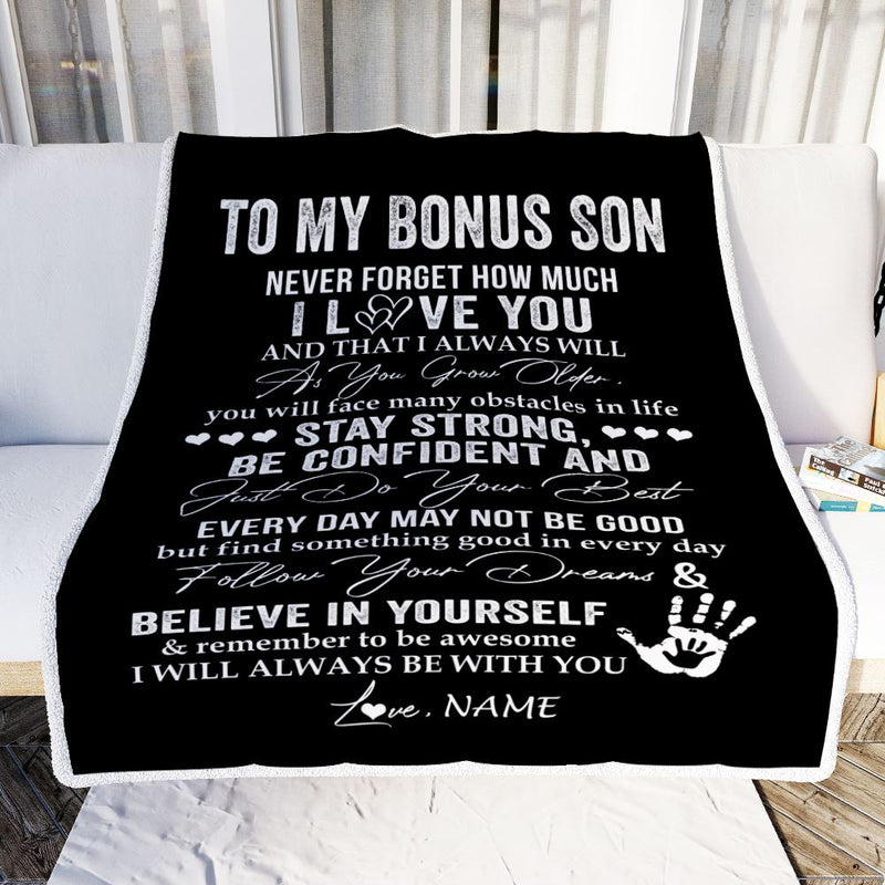Personalized To My Bonus Son Blanket I Love You Forever From Stepmom Stepdad Stepson Birthday Christmas Thanksgiving Graduation Customized Fleece Blanket Blanket mockup 2 800x.jpg