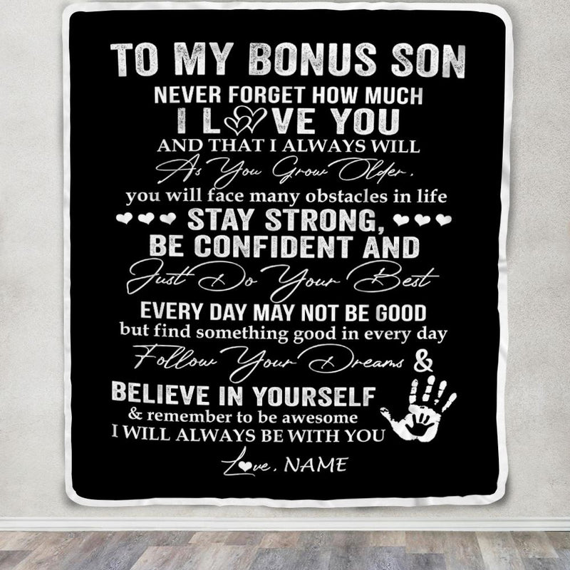 Personalized To My Bonus Son Blanket I Love You Forever From Stepmom Stepdad Stepson Birthday Christmas Thanksgiving Graduation Customized Fleece Blanket Blanket mockup 3 800x.jpg