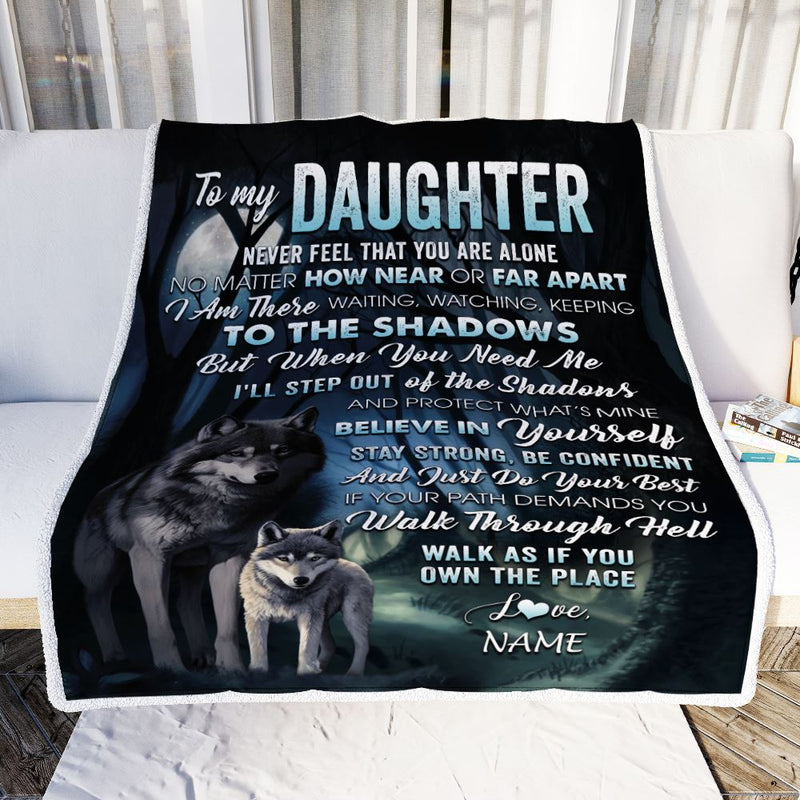 Personalized To My Daughter Blanket From Mom Dad Never Feel That You Are Alone Wolf Daughter Birthday Graduation Christmas Customized Gift Fleece Throw Blanket Blanket mockup 2 800x.jpg