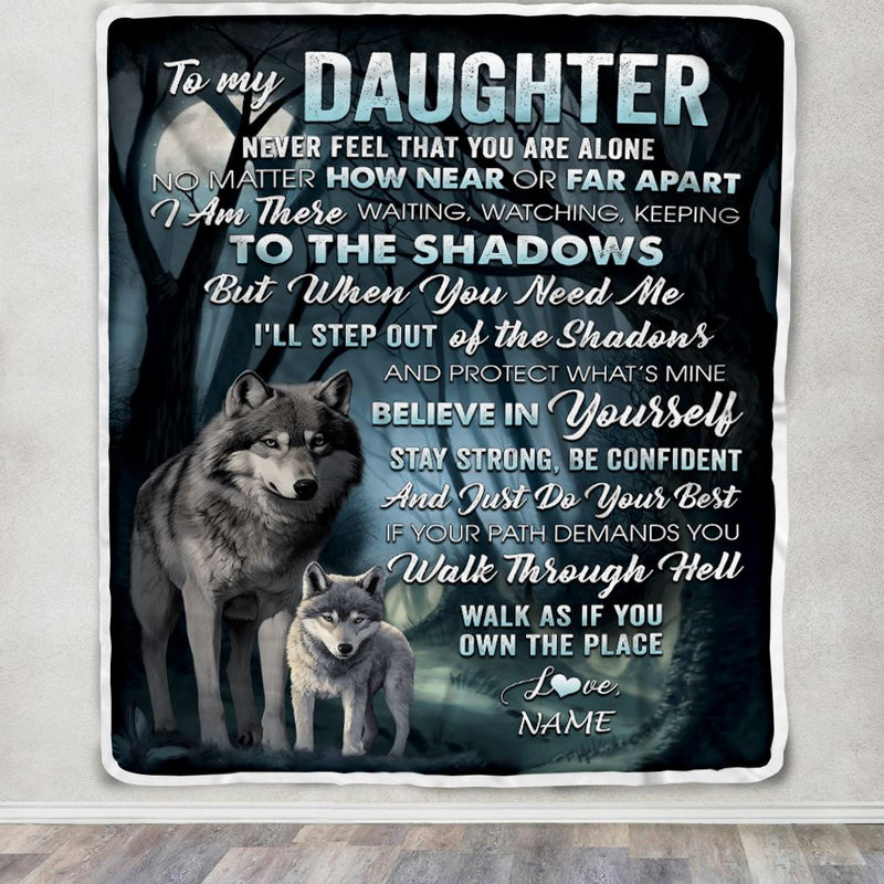Personalized To My Daughter Blanket From Mom Dad Never Feel That You Are Alone Wolf Daughter Birthday Graduation Christmas Customized Gift Fleece Throw Blanket Blanket mockup 3 800x.jpg