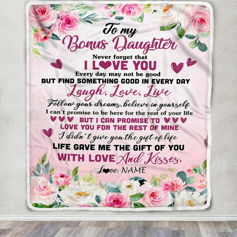 Personalized To My Bonus Daughter Blanket From Mom Never Forget I Love You Flower Stepdaughter Birthday Graduation Christmas Customized Bed Fleece Blanket Blanket mockup 3 800x.jpg