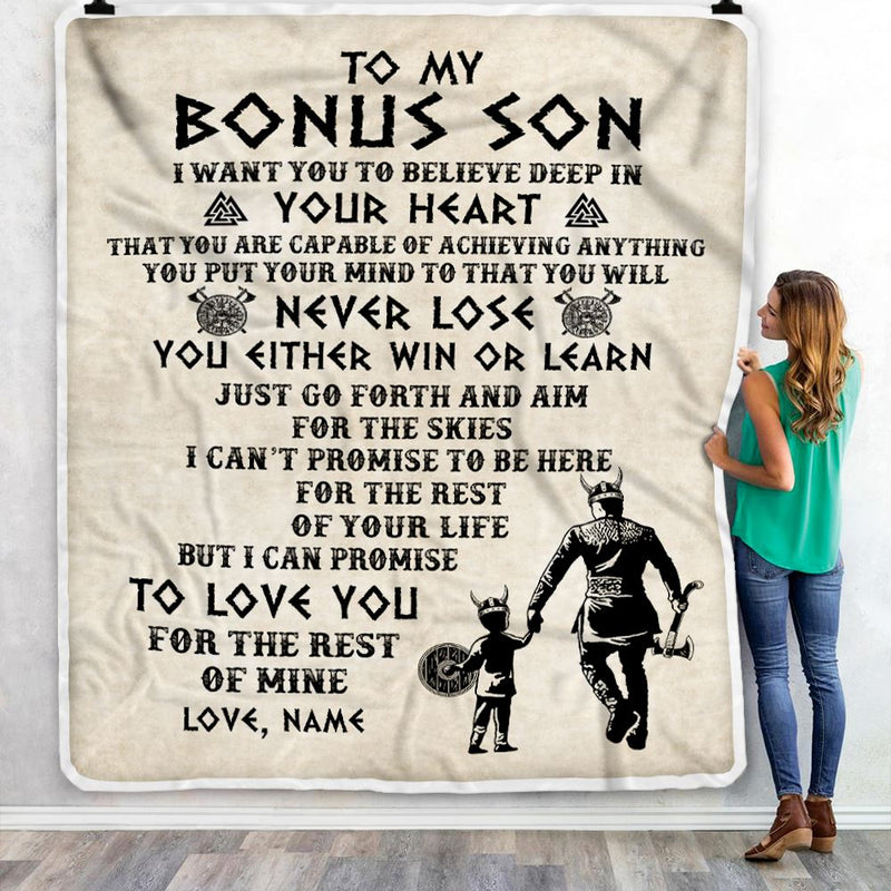 Personalized To My Bonus Son Blanket From Step Dad You Will Never Lose Viking Stepson Birthday Graduation Christmas Customized Fleece Blanket Blanket mockup 3 800x.jpg