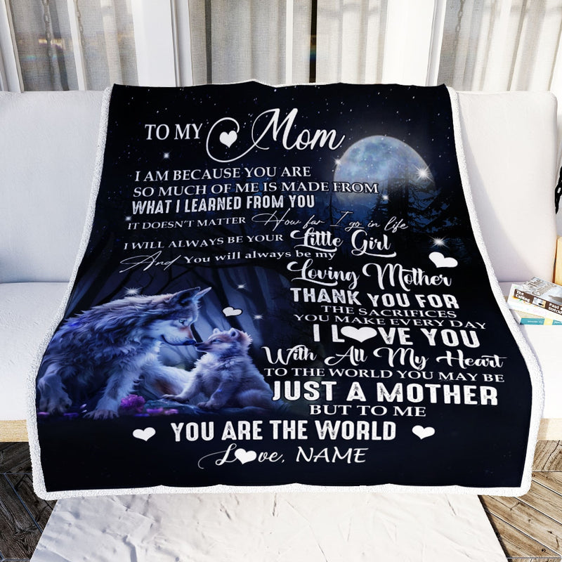 Personalized To My Mom From Daughter Blanket Wolf I Am Because You Are Mom Birthday Mothers Day Christmas Customized Fleece Blanket Blanket mockup 2 800x.jpg