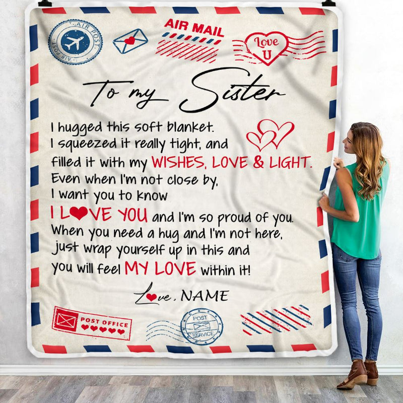 Personalized To My Sister Blanket From Brother Air Mail Letter I Love You Sister Birthday Christmas Thanksgiving Customized Fleece Throw Blanket Blanket mockup 3 800x.jpg