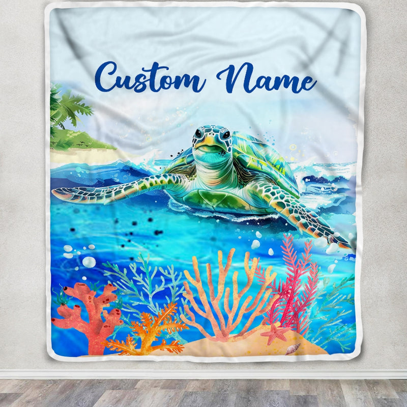 Personalized Turtle Custom Baby Name Blanket Boy Girl Sea Newborn Kids Son Daughter Granddaughter Niece Birthday Christmas Customized Bed Fleece Throw Blanket Blanket mockup 3 800x.jpg