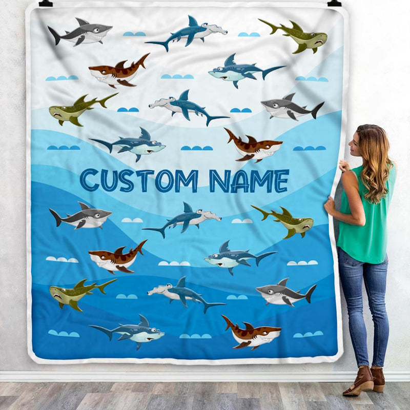 Personalized Custom Baby Blanket Blue Shark Design For Baby Boys Girls Kids Newborn Daughter Granddaughter Niece From Aunt Birthday Bed Fleece Throw Blanket Blanket mockup 3 800x.jpg