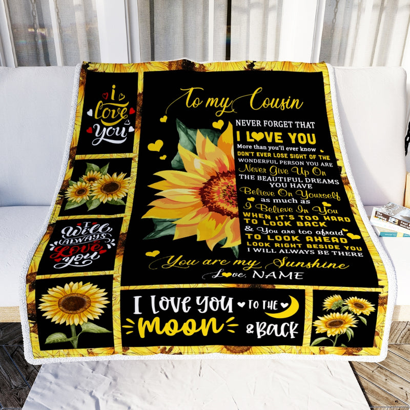 Personalized To My Cousin Blanket From Family Never Forget I Love You Sunflower Cousin Birthday Graduation Christmas Customized Bed Quilt Fleece Throw Blanket Blanket mockup 2 800x.jpg