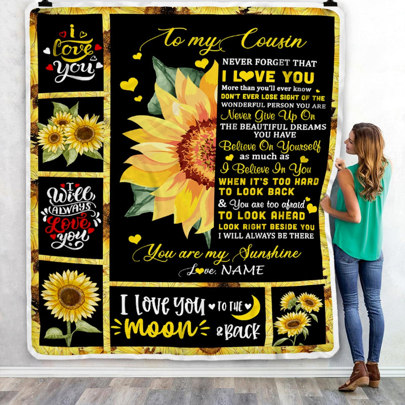 Personalized To My Cousin Blanket From Family Never Forget I Love You Sunflower Cousin Birthday Graduation Christmas Customized Bed Quilt Fleece Throw Blanket Blanket mockup 3 800x.jpg
