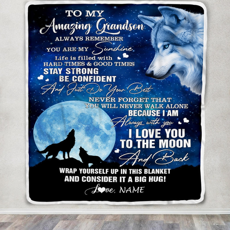 Personalized To My Amazing Grandson Blanket From Grandma Grandpa Wolf It A Big Hug Son Birthday Back To School Christmas Customized Fleece Throw Blanket Blanket mockup 3 800x.jpg