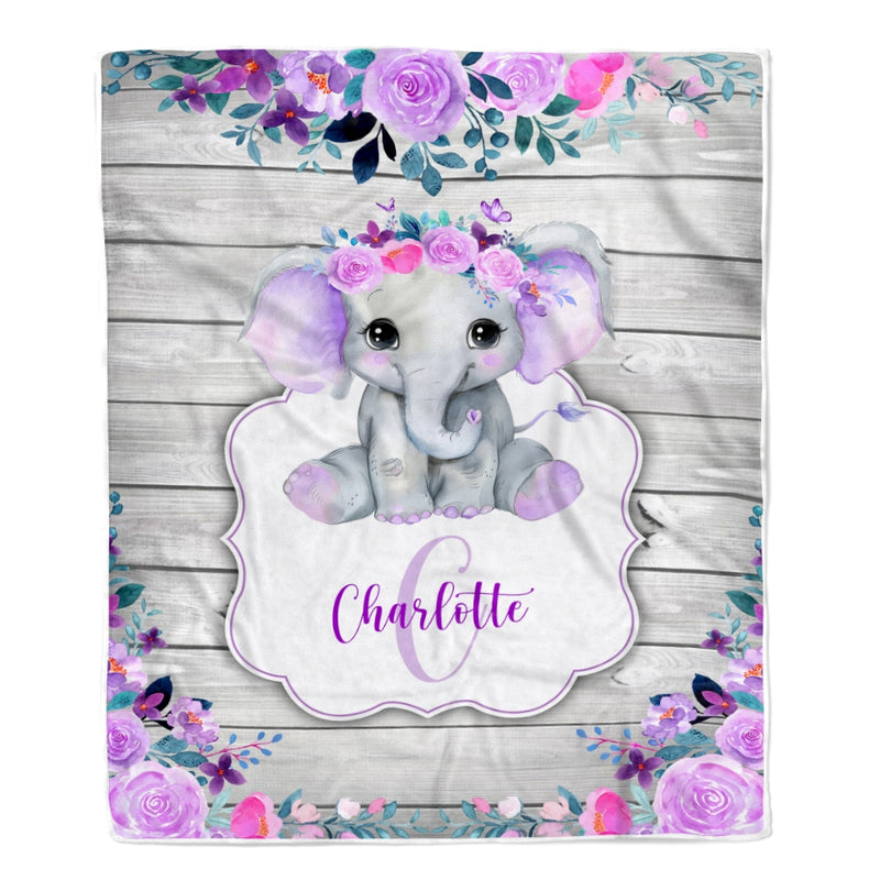 Personalized Baby Blanket Monogram Purple Floral Elephant Custom Nursery Swadding Boy Girl with Name Daughter Granddaughter Niece Birthday Fleece Blanket Blanket mockup 1 800x.jpg