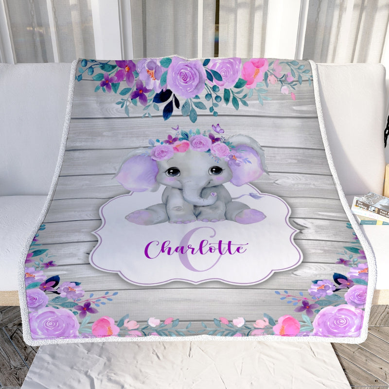 Personalized Baby Blanket Monogram Purple Floral Elephant Custom Nursery Swadding Boy Girl with Name Daughter Granddaughter Niece Birthday Fleece Blanket Blanket mockup 2 800x.jpg