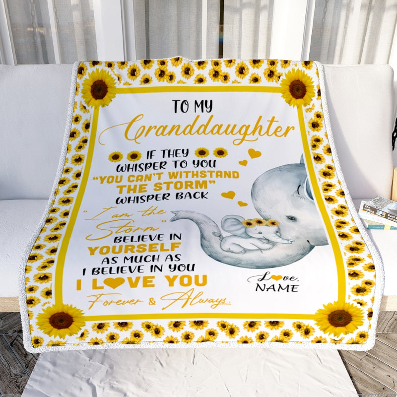 Personalized To My Granddaughter Elephant Blanket From Grandma Mimi Gigi I Am The Storm Big Hug Sunflower Granddaughter Birthday Christmas Bed Fleece Blanket Blanket mockup 2 800x.jpg