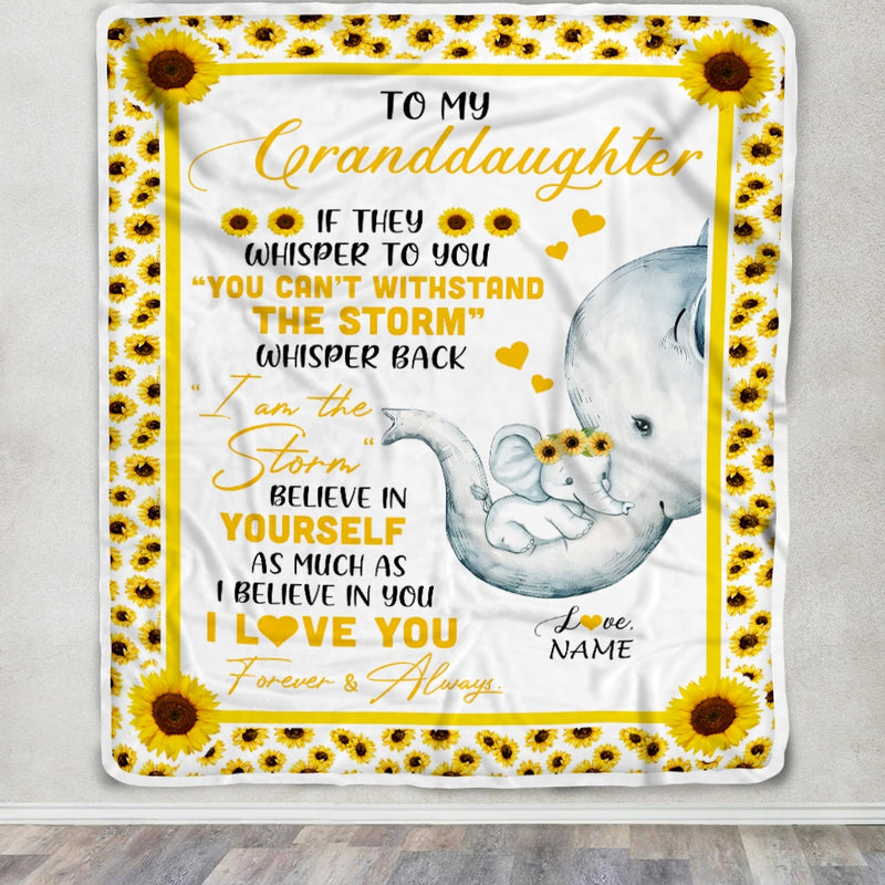 Personalized To My Granddaughter Elephant Blanket From Grandma Mimi Gigi I Am The Storm Big Hug Sunflower Granddaughter Birthday Christmas Bed Fleece Blanket Blanket mockup 3 800x.jpg