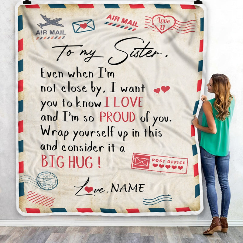 Personalized To My Sister Blanket from Brother Proud Of You Air Mail Letter Sister Birthday Graduation Christmas Gift Customized Bed Quilt Fleece Throw Blanket Blanket mockup 3 800x.jpg
