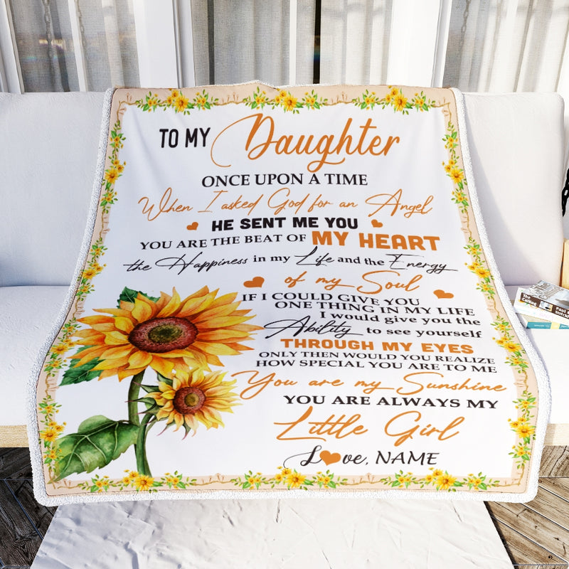 Personalized To My Daughter Blanket From Mom Dad Once Upon A Time When I Asked God For An Angel Sunflower Birthday Christmas Customized Fleece Blanket Blanket mockup 1 800x.jpg