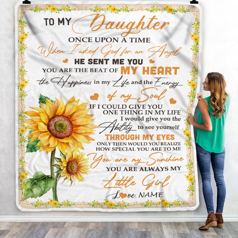 Personalized To My Daughter Blanket From Mom Dad Once Upon A Time When I Asked God For An Angel Sunflower Birthday Christmas Customized Fleece Blanket Blanket mockup 3 800x.jpg