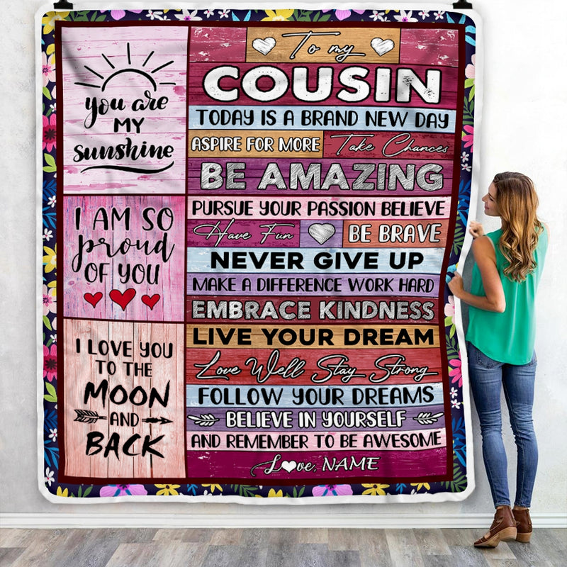 Personalized To My Cousin Blanket Never Give Up Live Your Dream Pink Wood Cousin Birthday Graduation Christmas Customized Fleece Blanket Blanket mockup 3 800x.jpg