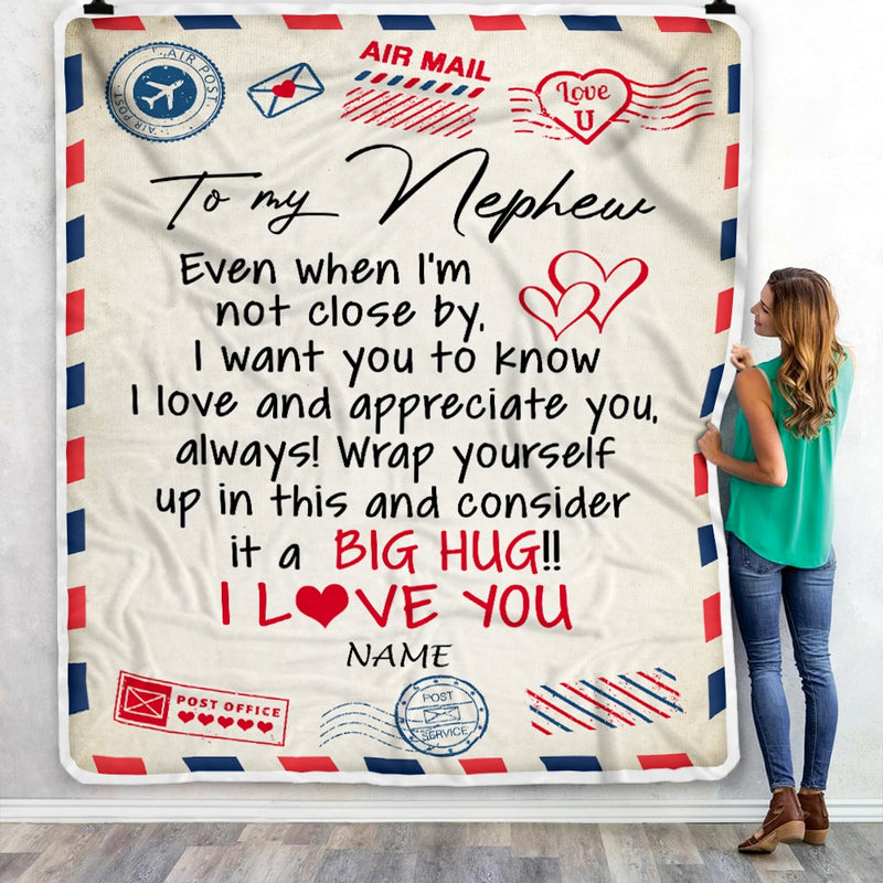 Personalized To My Nephew Blanket From Aunt Uncle Auntie I Love You Hugs Air Mail Letter Birthday Christmas Thanksgiving Graduation Customized Fleece Blanket Blanket mockup 3 800x.jpg