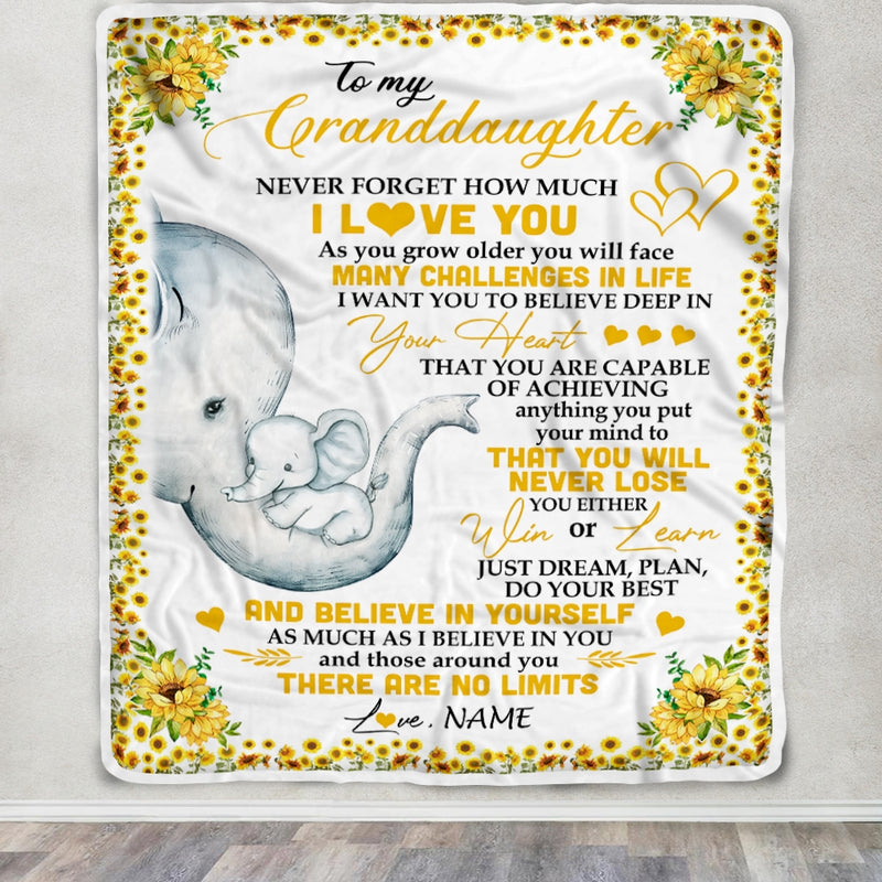 Personalized To My Granddaughter I Love You From Grandma Grandpa Nana Sunflower Elephant Birthday Christmas Thanksgiving Graduation Customized Fleece Blanket Blanket mockup 3 800x.jpg