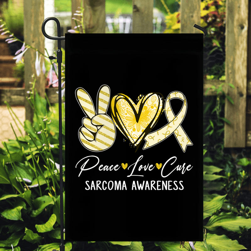 Peace Love Cure Yellow Ribbon Sarcoma Awareness Flag Garden Flag mockup 2 800x.jpg