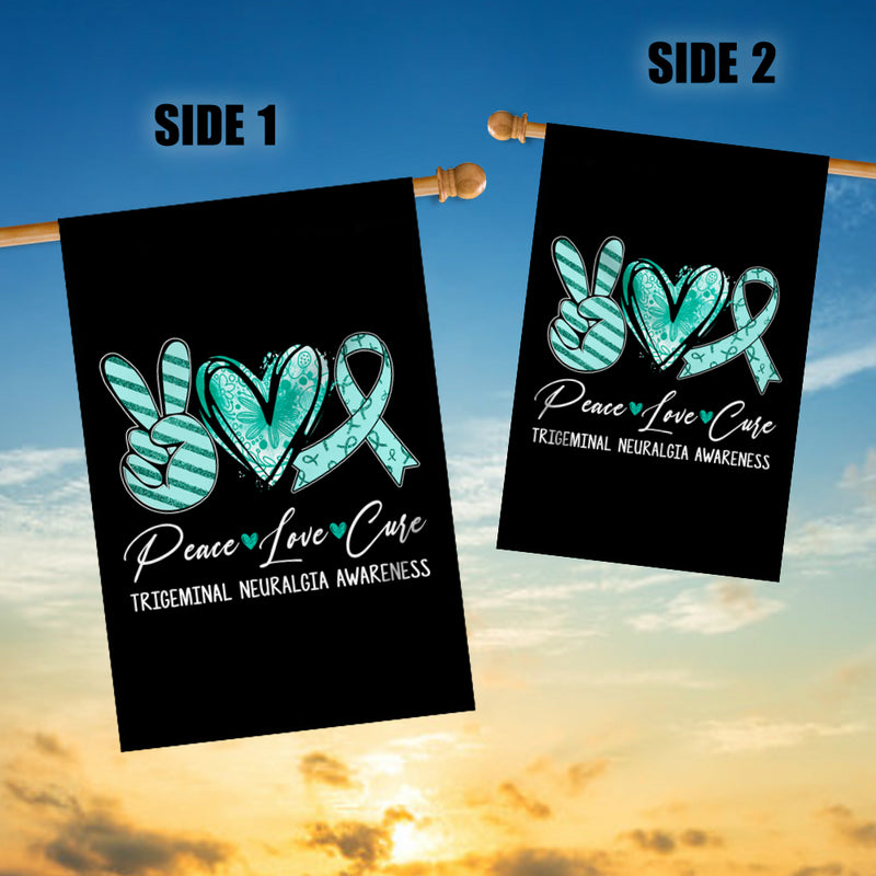 Peace Love Cure Teal Ribbon Trigeminal Neuralgia Awareness Flag House Flag mockup 3 800x.jpg