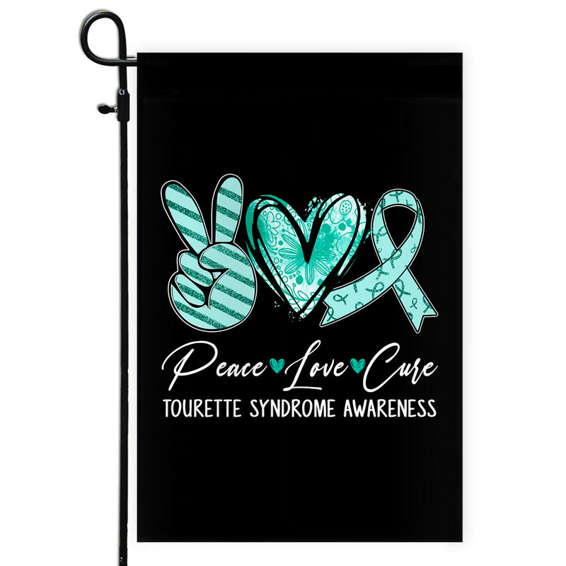 Peace Love Cure Teal Ribbon Tourette Syndrome Awareness Flag Garden Flag mockup 1 800x.jpg