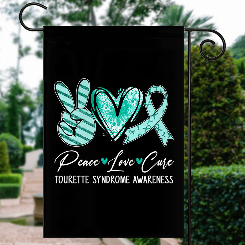 Peace Love Cure Teal Ribbon Tourette Syndrome Awareness Flag Garden Flag mockup 3 800x.jpg