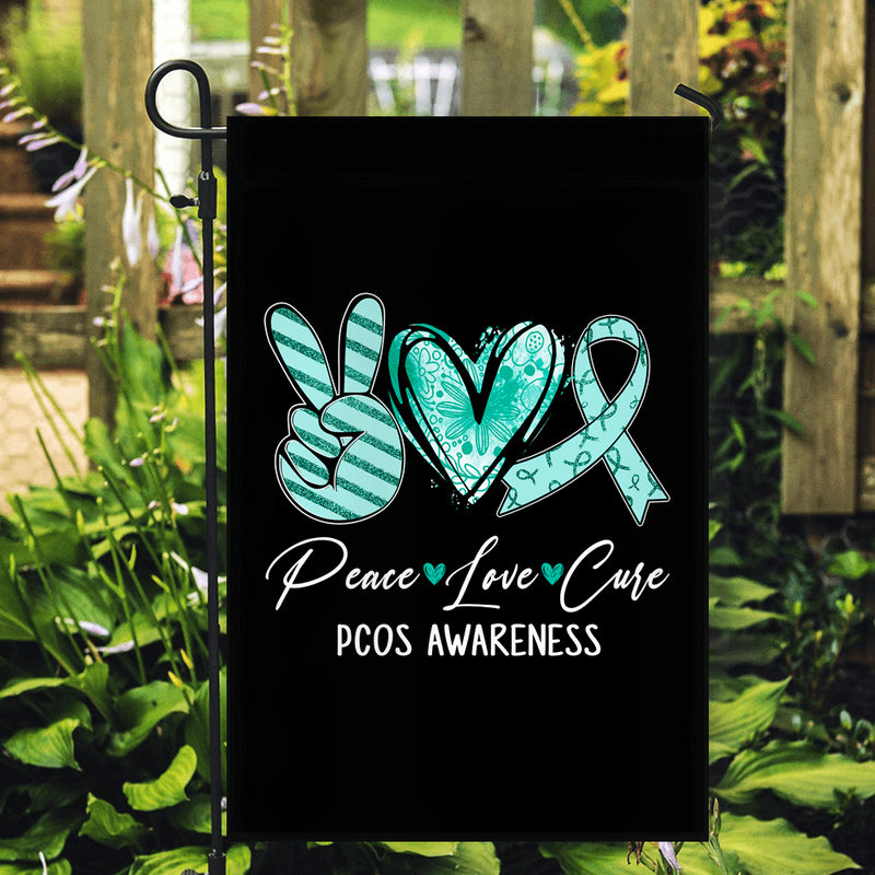 Peace Love Cure Teal Ribbon PCOS Awareness Flag Garden Flag mockup 2 800x.jpg