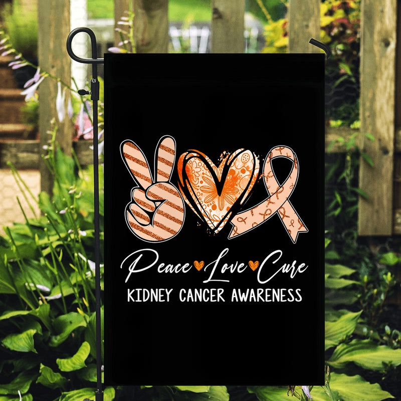 Peace Love Cure Orange Ribbon Kidney Cancer Awareness Flag Garden Flag mockup 2 800x.jpg