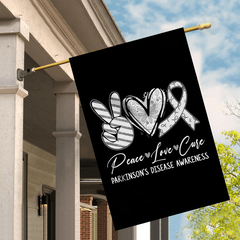 Peace Love Cure Grey Ribbon Parkinson s Disease Awareness Flag House Flag mockup 2 800x.jpg
