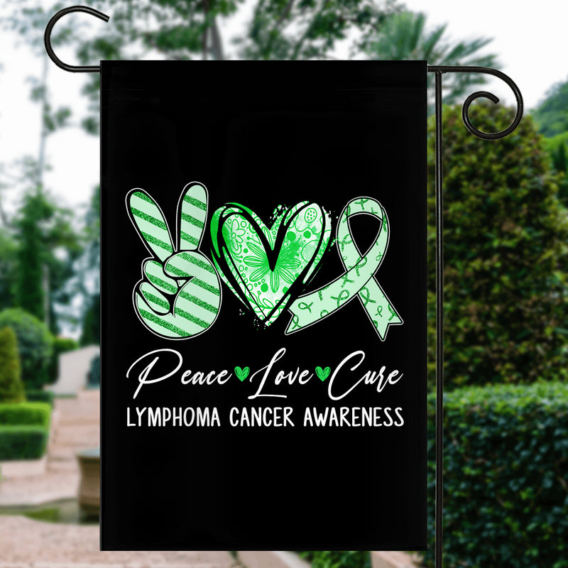Peace Love Cure Green Ribbon Lymphoma Cancer Awareness Flag Garden Flag mockup 3 800x.jpg