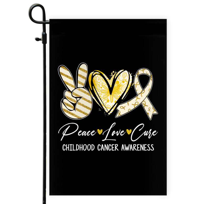 Peace Love Cure Gold Ribbon Childhood Cancer Awareness Flag Garden Flag mockup 1 800x.jpg