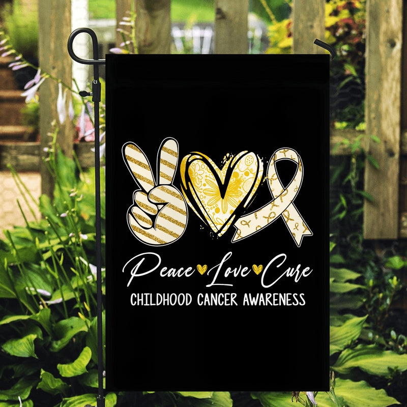 Peace Love Cure Gold Ribbon Childhood Cancer Awareness Flag Garden Flag mockup 2 800x.jpg