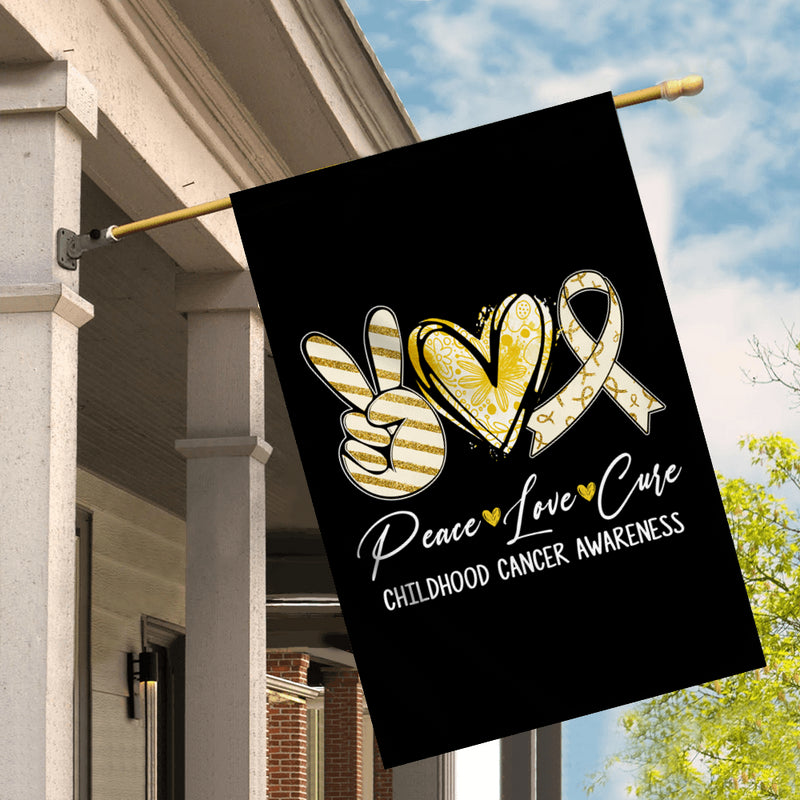 Peace Love Cure Gold Ribbon Childhood Cancer Awareness Flag House Flag mockup 2 800x.jpg